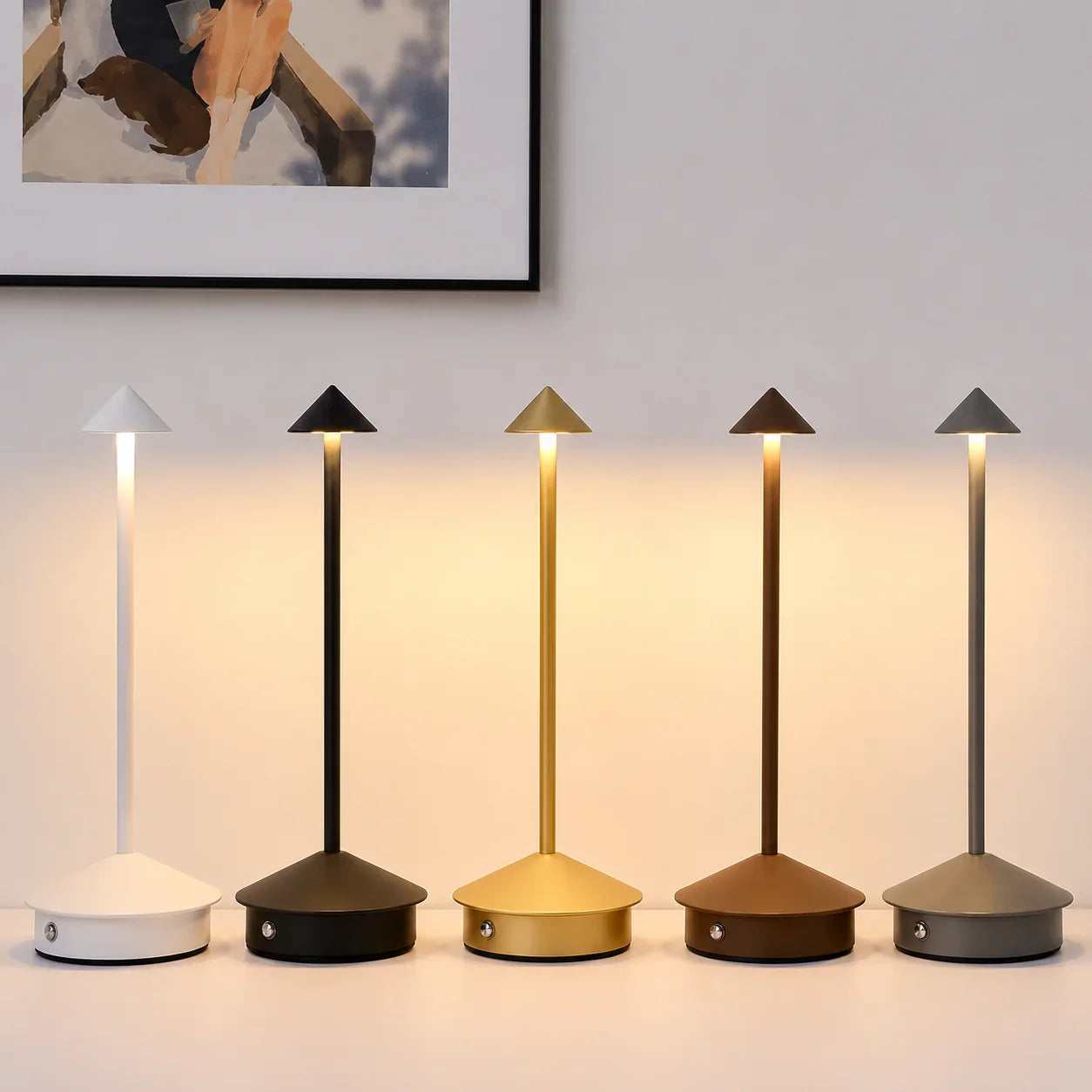 Modern cone-shaped table lamps in white, black, gold, bronze, and gray for home lighting