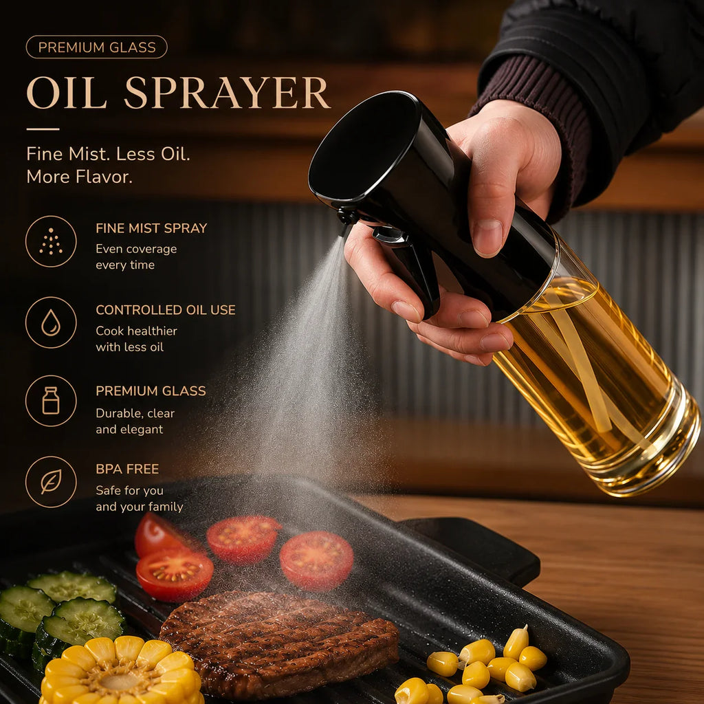 Black glass oil sprayer misting olive oil over grilled steak and veggies for healthy cooking