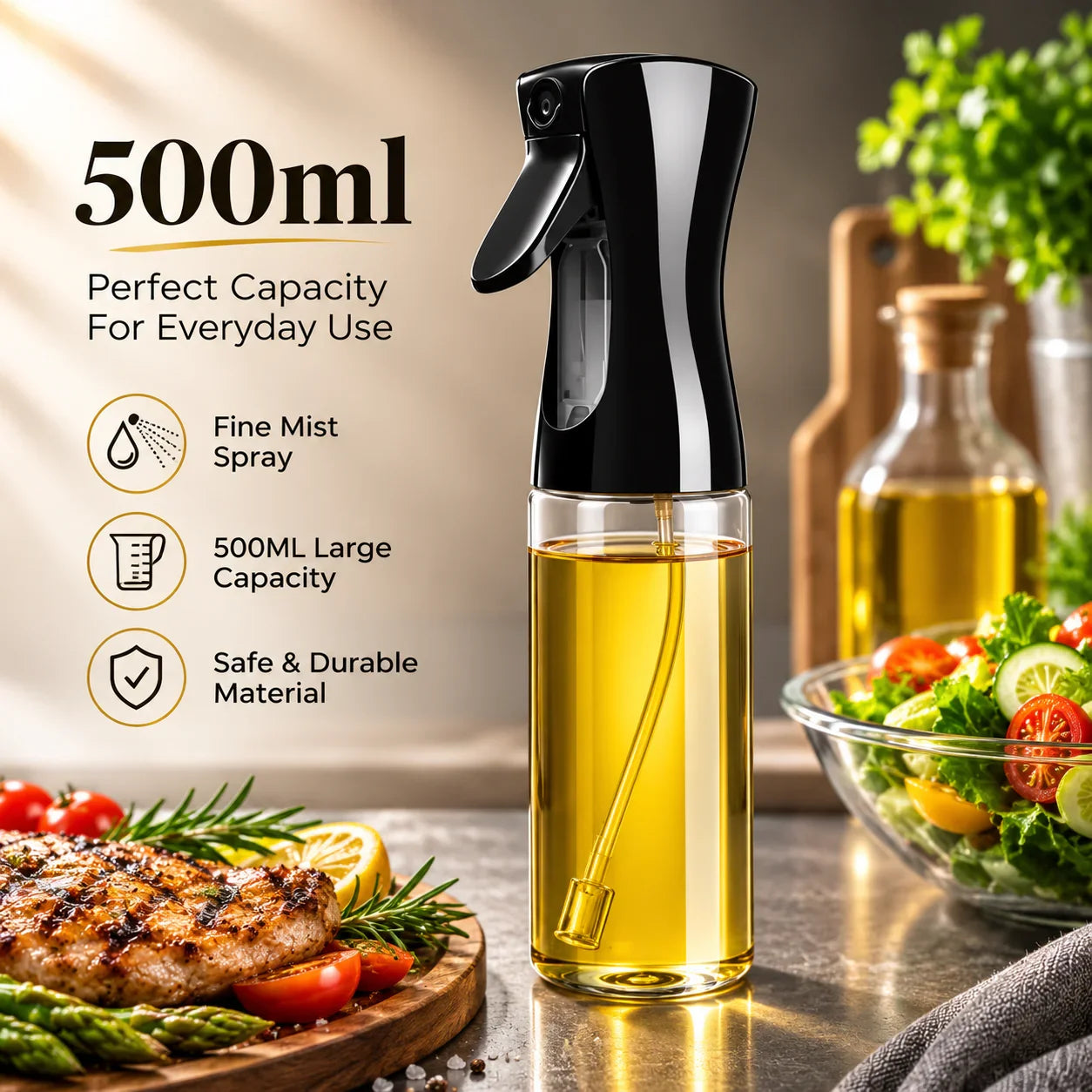 Black and clear 500ml oil sprayer for kitchen use with fine mist, durable material, and large capacity
