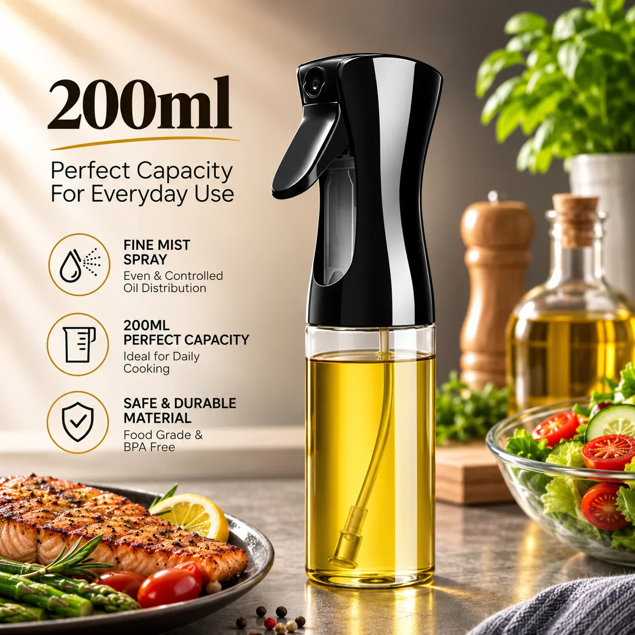 Black and clear 200ml oil sprayer for even mist cooking, food-grade and BPA-free, ideal for daily kitchen use.
