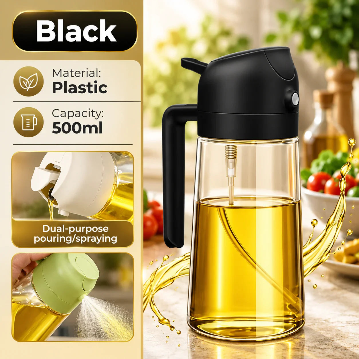 Black plastic 500ml dual-purpose oil pourer and sprayer for kitchen use