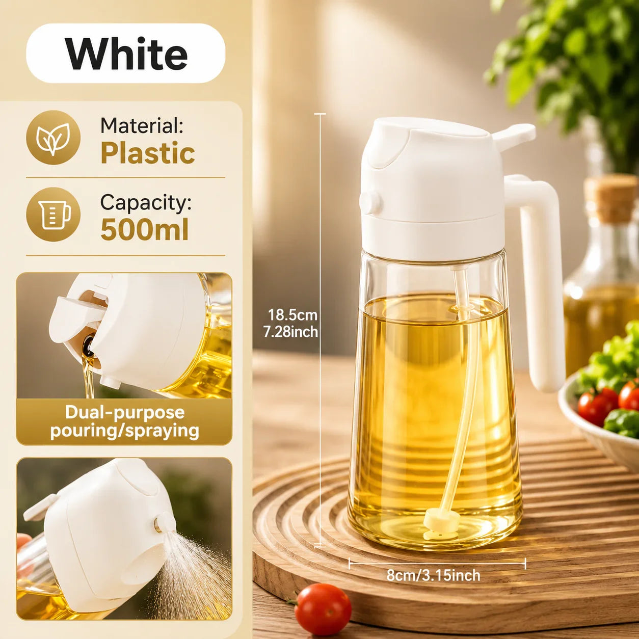 White plastic 500ml kitchen oil dispenser with pour and spray function, clear glass body, on wooden board