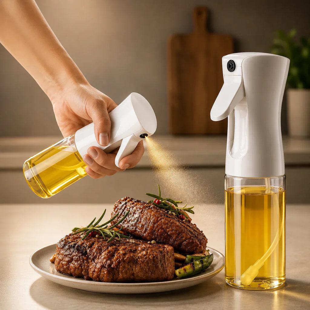 White oil sprayer with clear bottle dispensing olive oil over grilled steak for kitchen cooking use