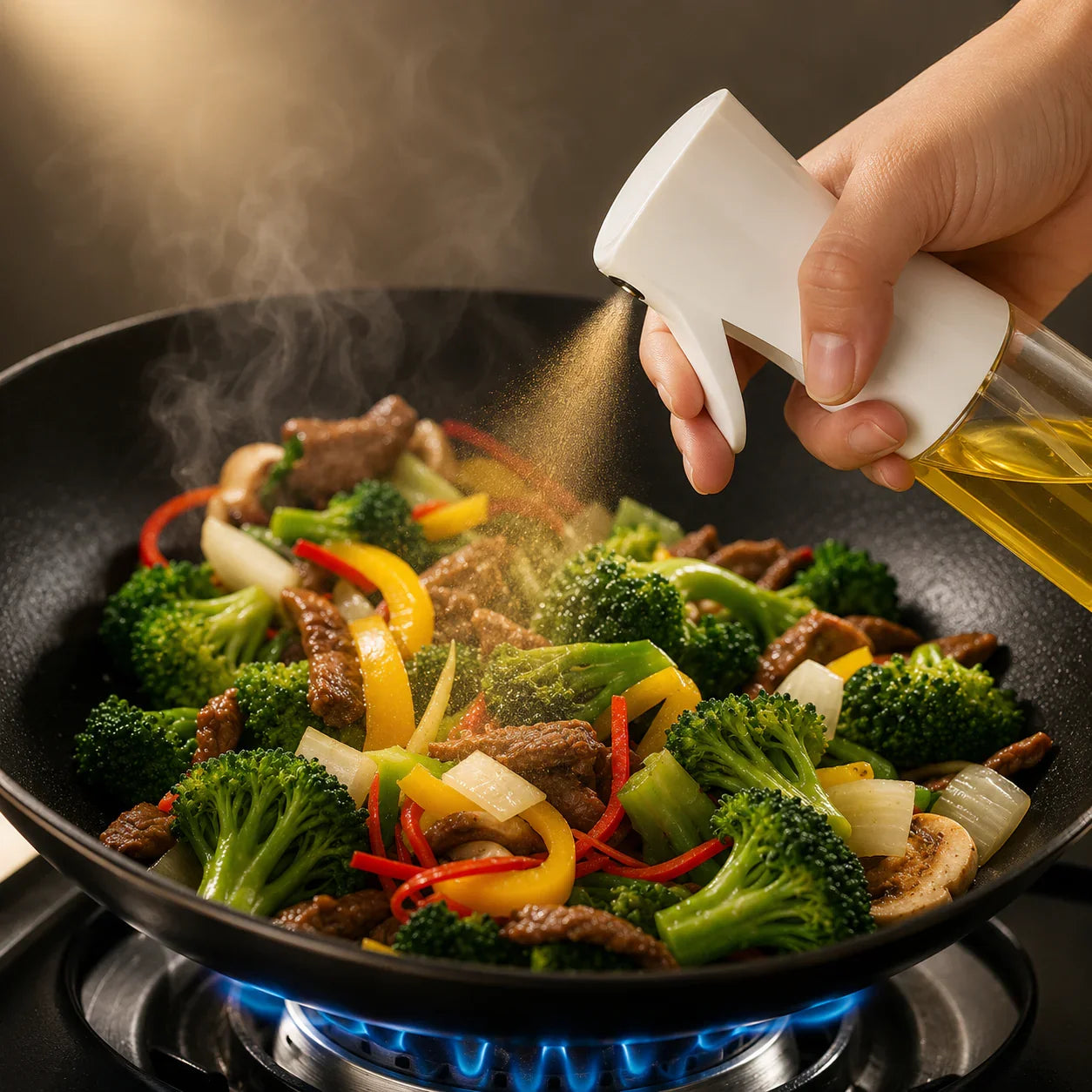 White oil sprayer dispensing olive oil over stir-fry vegetables and beef in black wok on gas stove