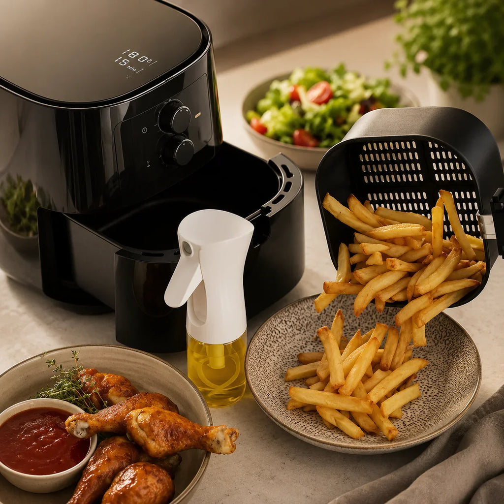 Black air fryer with crispy fries and chicken, oil spray bottle, and salad on kitchen counter