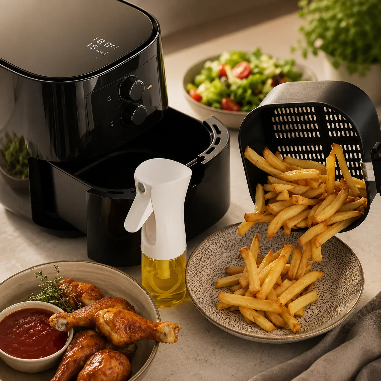 Black air fryer with crispy fries and chicken, oil spray bottle, and salad on kitchen counter
