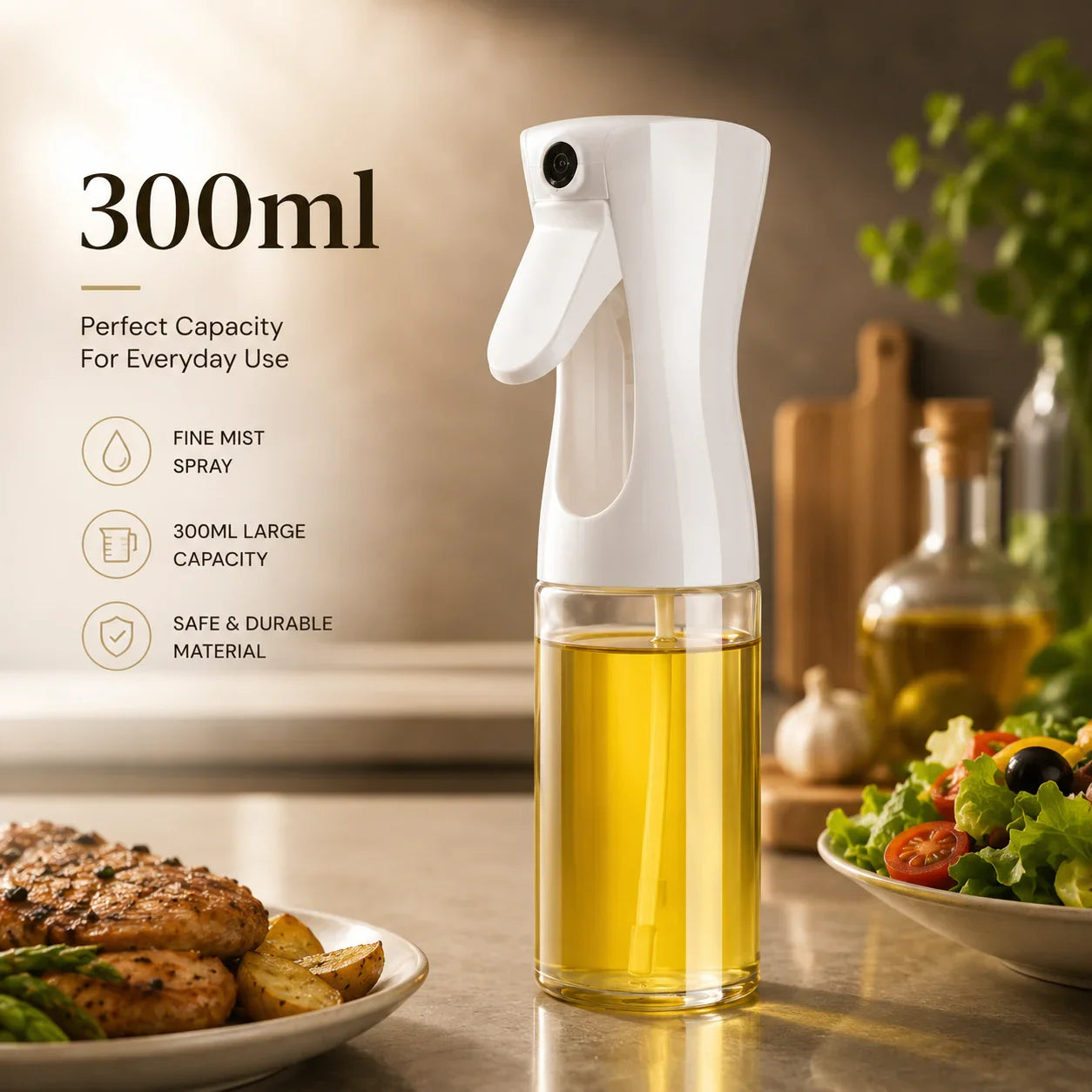 White kitchen oil sprayer with 300ml glass bottle for cooking, fine mist spray, durable material