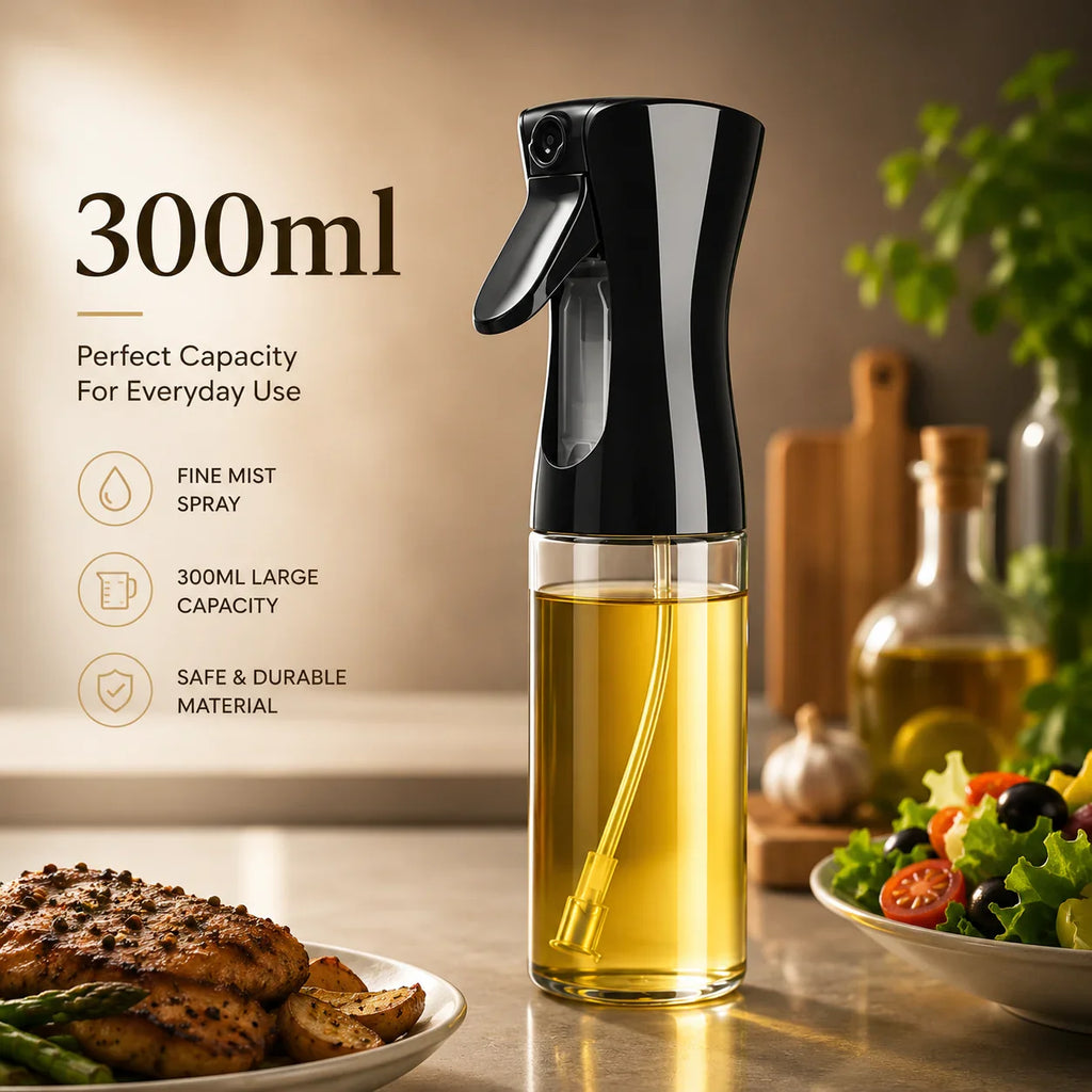 Black and clear 300ml oil sprayer for kitchen use with fine mist spray
