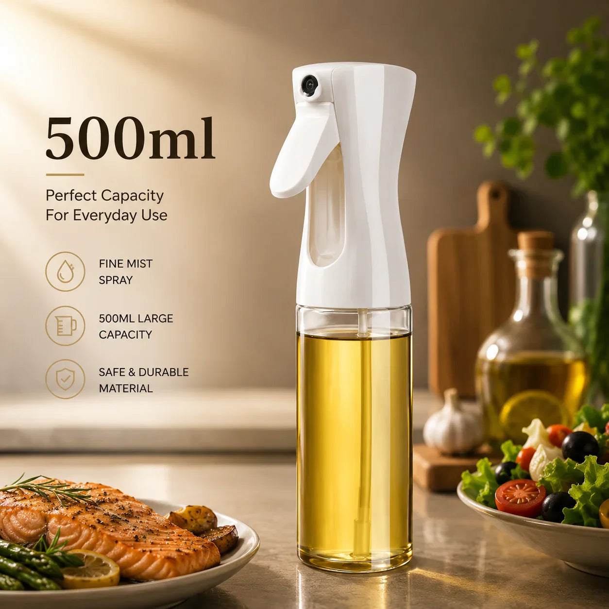 White 500ml kitchen oil sprayer with fine mist for cooking and salad prep