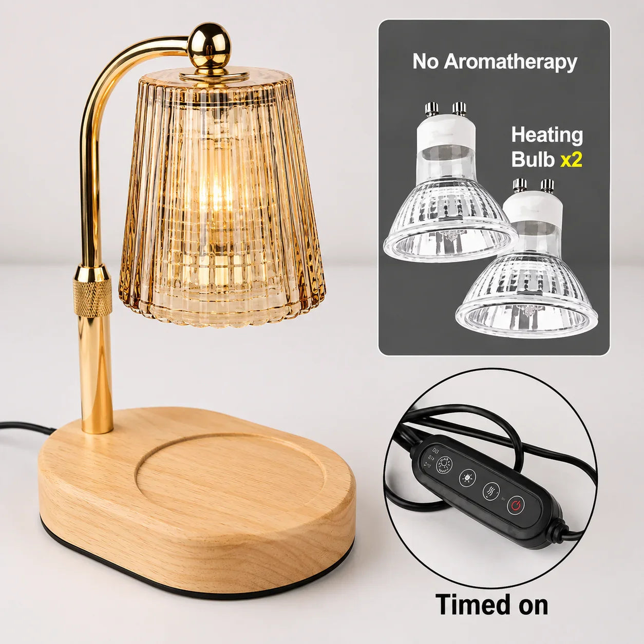 Gold desk lamp with ribbed glass shade, wooden base, and timed heating bulbs for home use