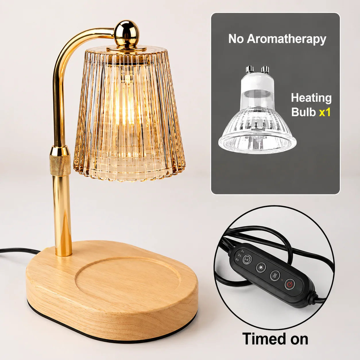 Gold desk lamp with ribbed glass shade, wooden base, and timed heating bulb for home use