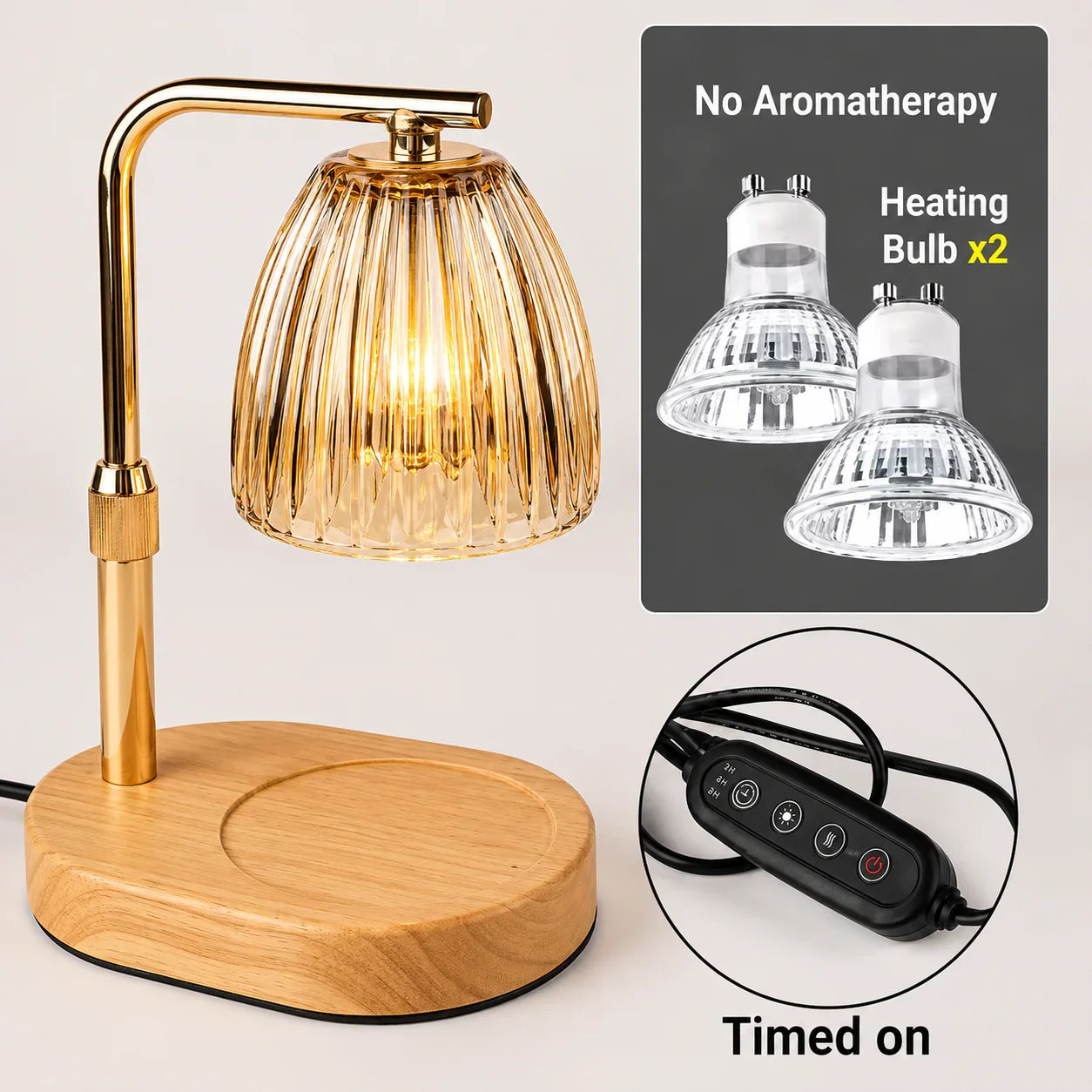 Gold glass lamp with wooden base, includes heating bulbs and timer control for home use