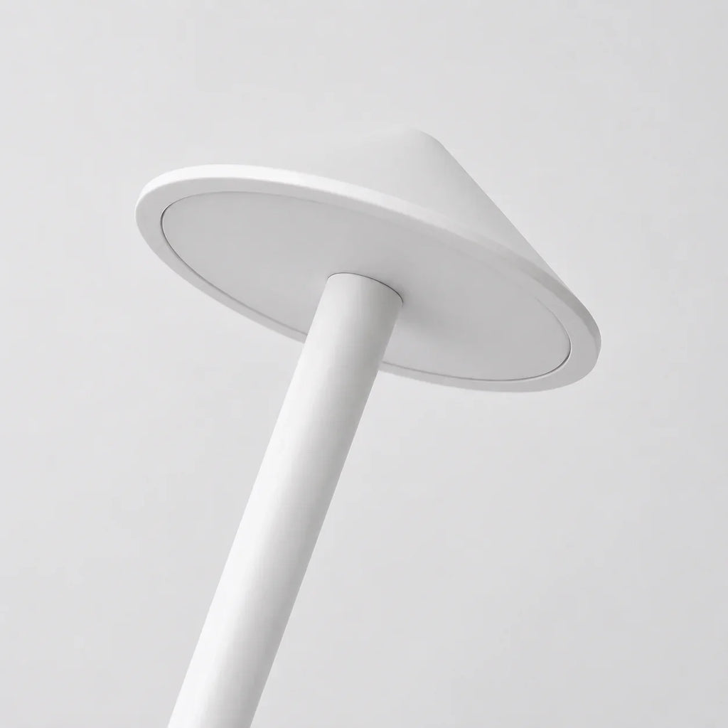 White modern floor lamp with sleek cylindrical base and wide circular shade for ambient lighting