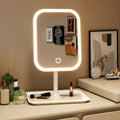 White LED vanity mirror with round base, ideal for makeup application and bathroom organization