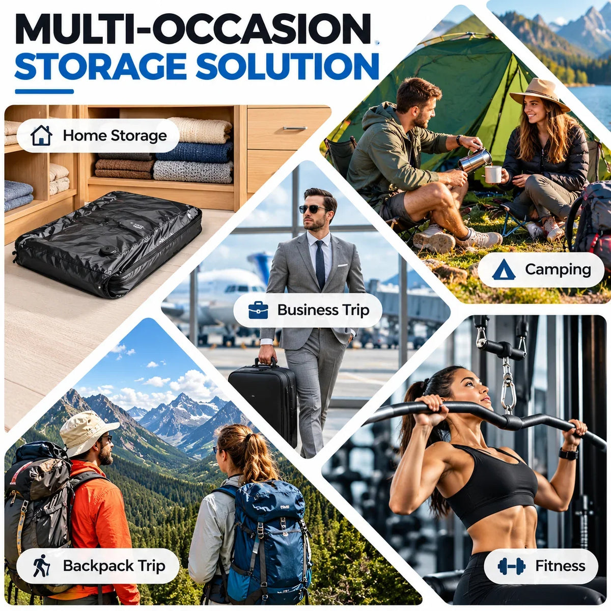 GetVelqo vacuum compression bag shown for home storage, camping, business trips, backpacking, and fitness use.