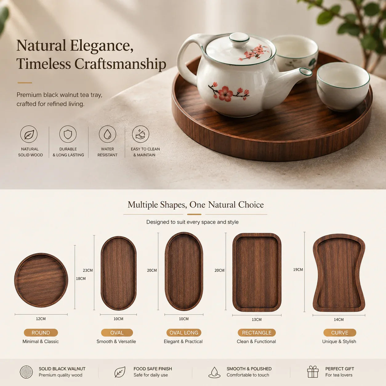 Round black walnut tea tray with ceramic teapot and cups, natural wood finish for elegant home use