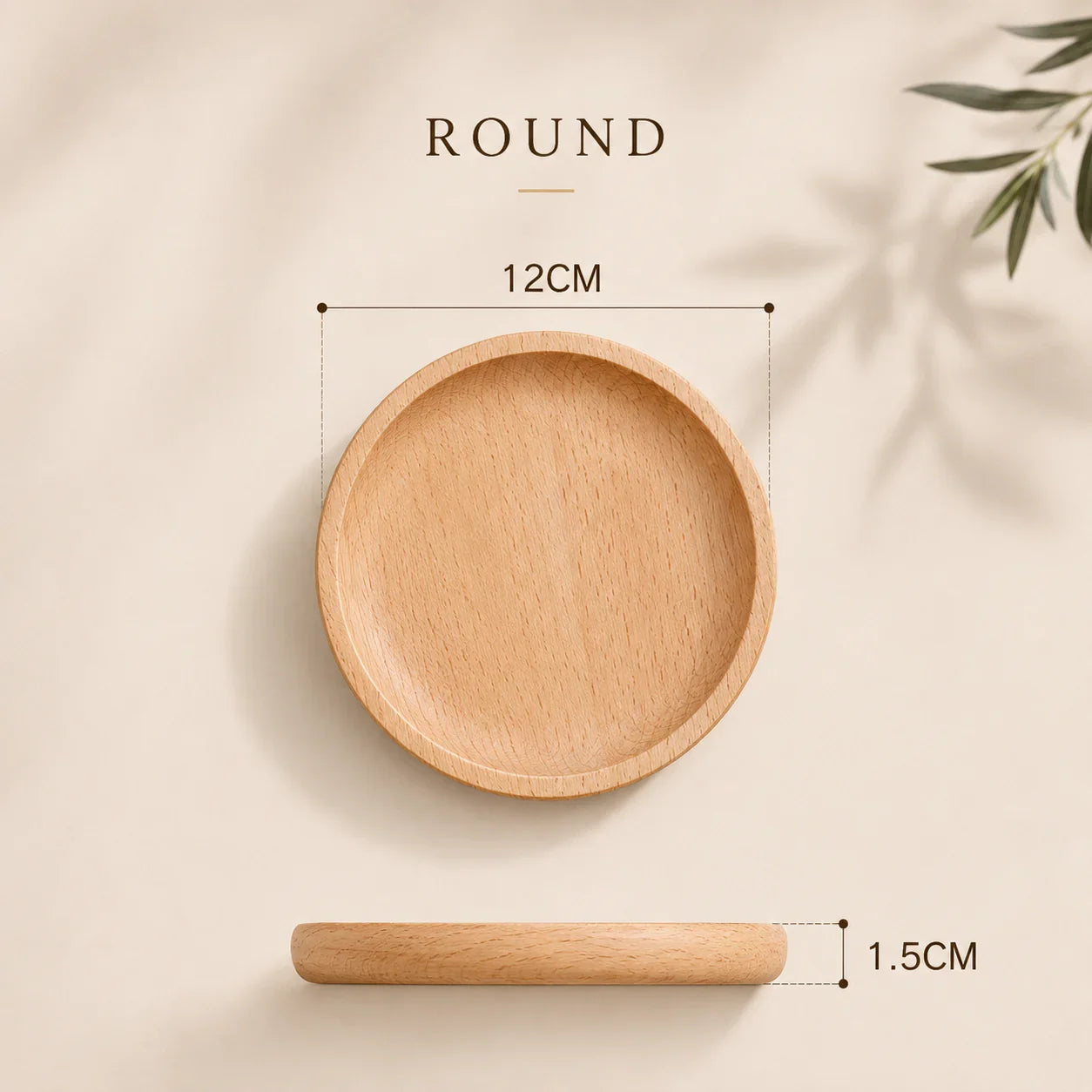 Round 12cm natural wood dish for kitchen or bathroom organization, 1.5cm deep, minimalist design