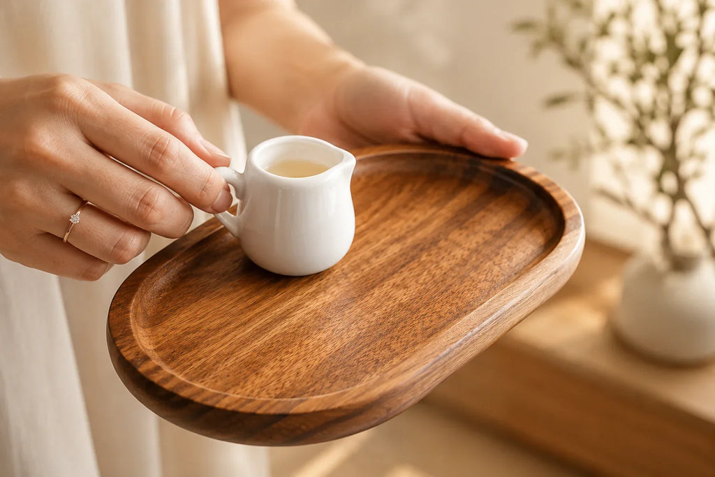 Wooden serving tray with white ceramic creamer, ideal for kitchen or dining use