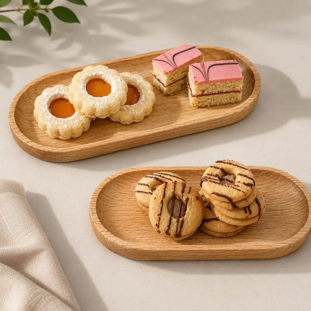 Two oval wooden serving trays holding assorted cookies and pink frosted cakes, ideal for kitchen or dining table use.