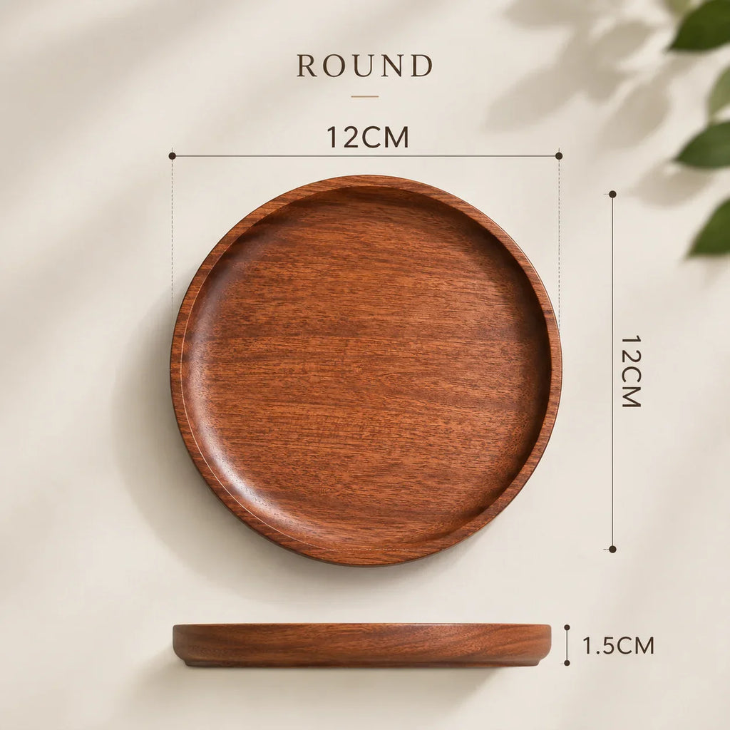 Round 12cm wooden tray for home organization, kitchen, or bathroom use with natural wood grain finish