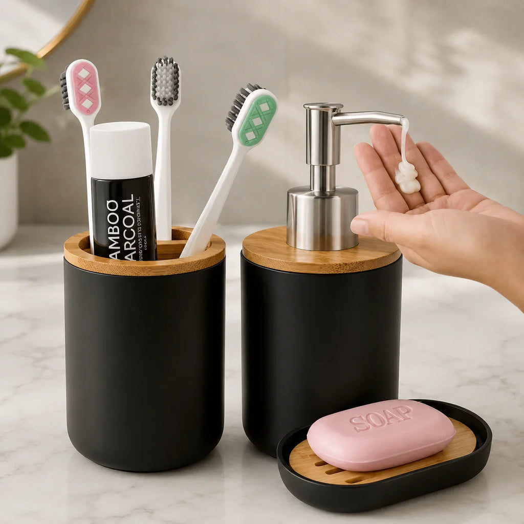 Black bamboo bathroom set with toothbrush holder, soap dispenser, and soap dish for modern organization