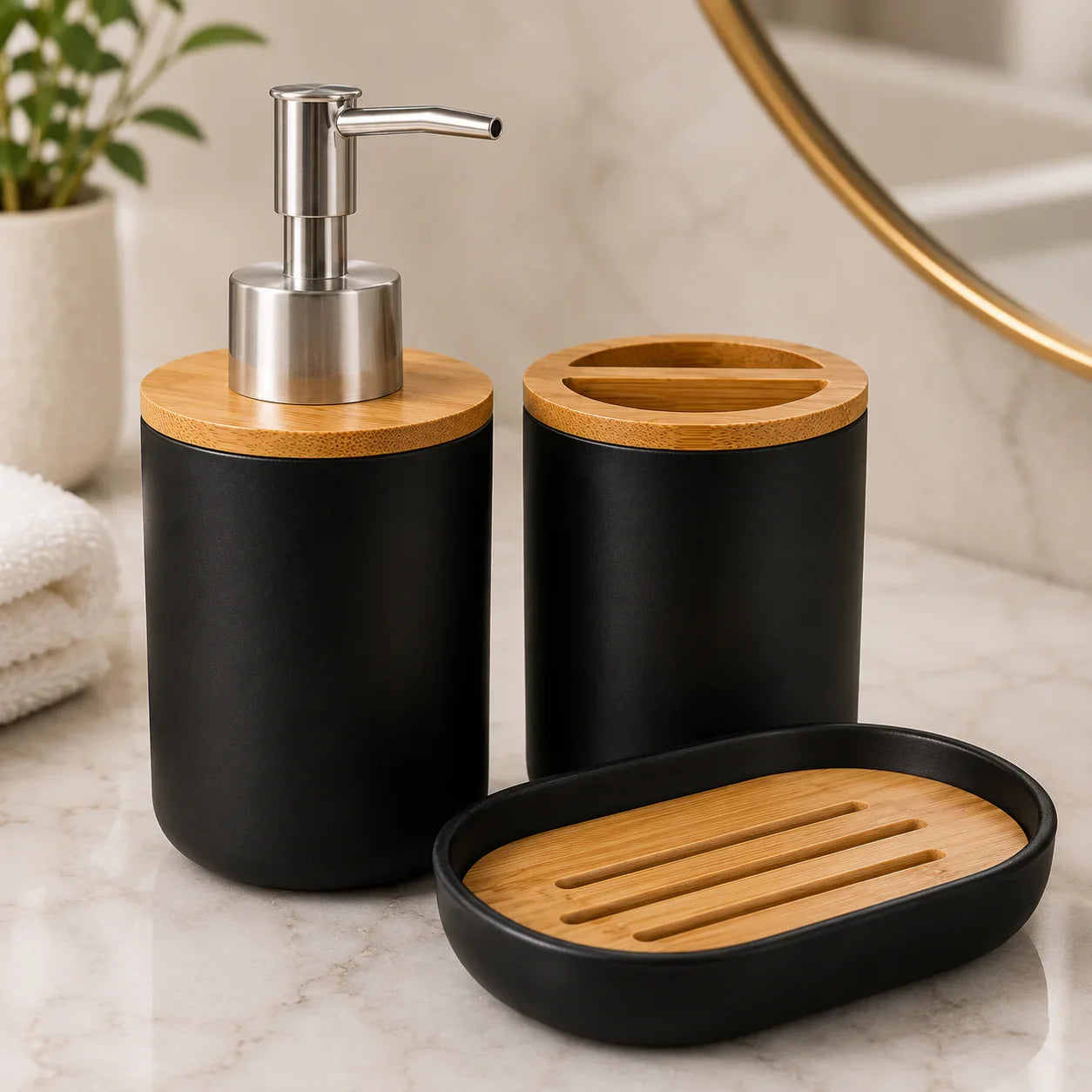 Black matte bathroom set with bamboo lids: soap dispenser, toothbrush holder, and soap dish