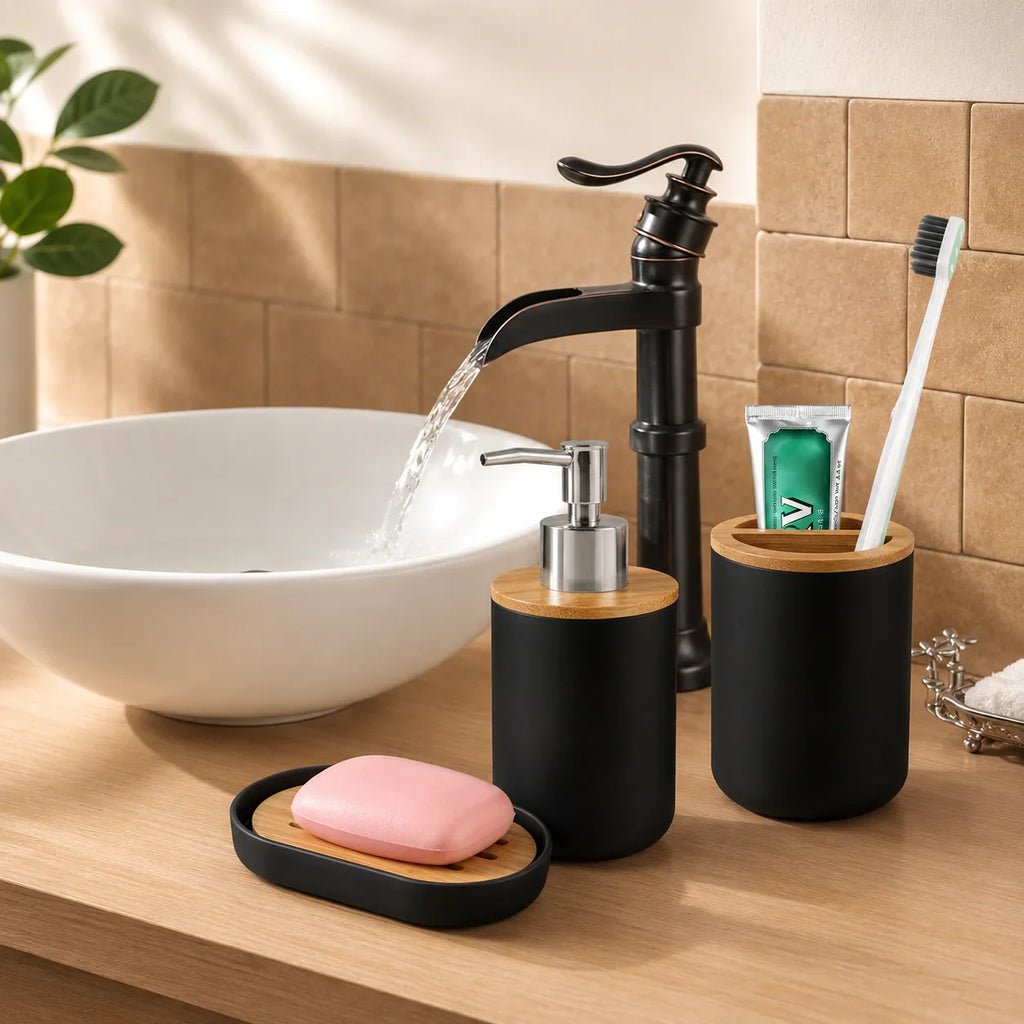 Black matte bathroom set with bamboo accents: soap dispenser, toothbrush holder, and soap dish