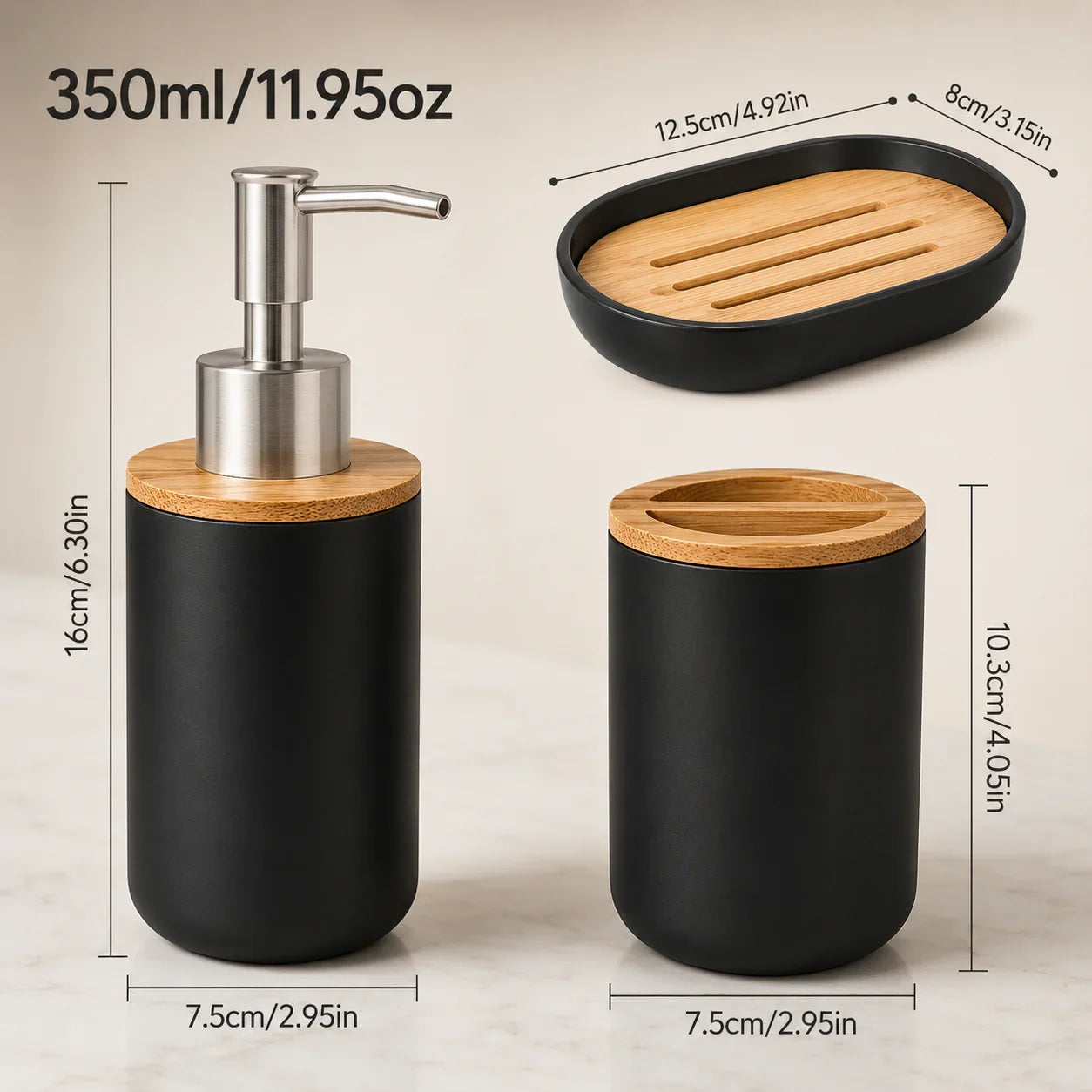 Black matte bathroom set with bamboo lid soap dispenser, toothbrush holder, and soap dish for modern bathroom organization