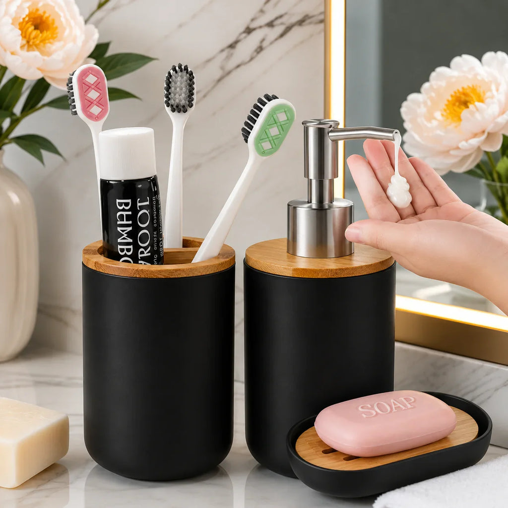 Black matte bathroom set with bamboo lids, toothbrush holder, soap dispenser, and soap dish for modern organization