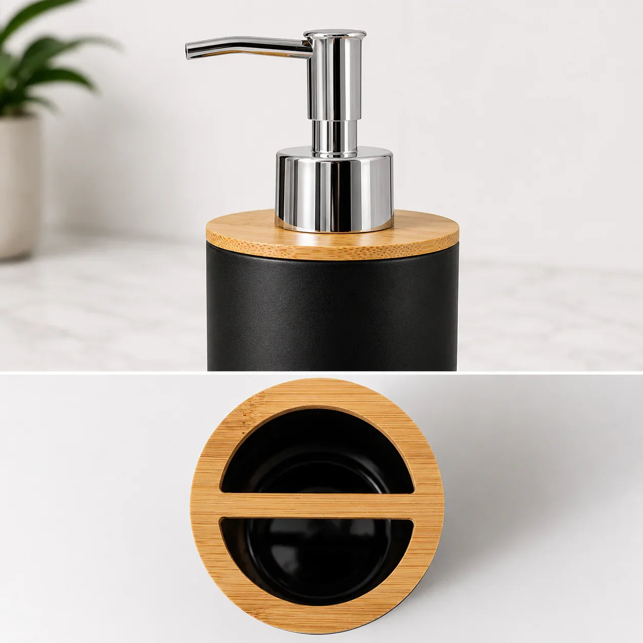 Black ceramic soap dispenser with bamboo lid and chrome pump for bathroom or kitchen use
