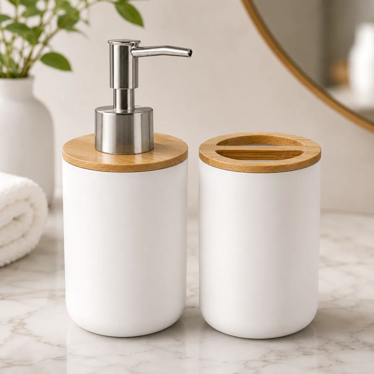 White ceramic bathroom set with bamboo lids: soap dispenser and toothbrush holder for modern vanity organization