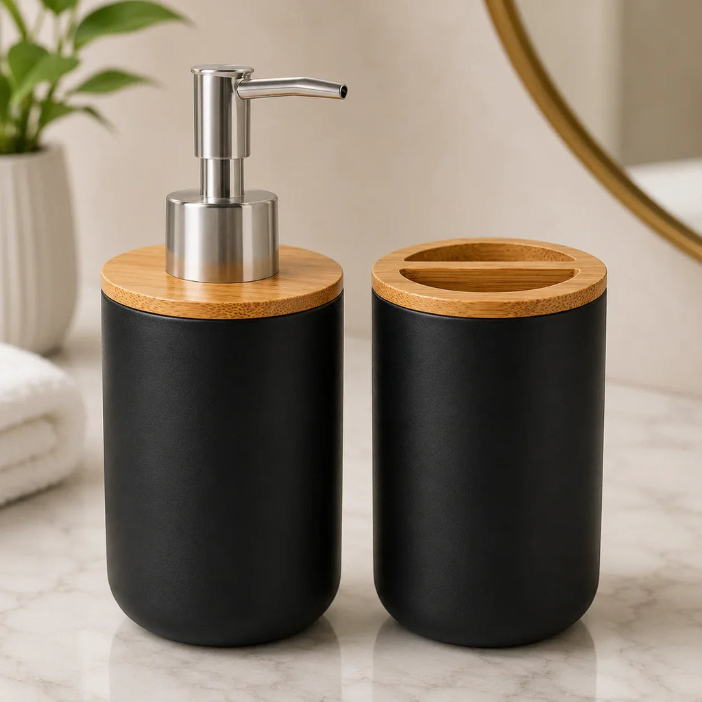 Black ceramic soap dispenser and toothbrush holder with bamboo lids for modern bathroom organization