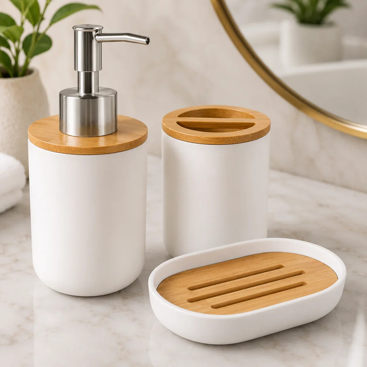 White ceramic bathroom set with bamboo lids, including soap dispenser, toothbrush holder, and soap dish