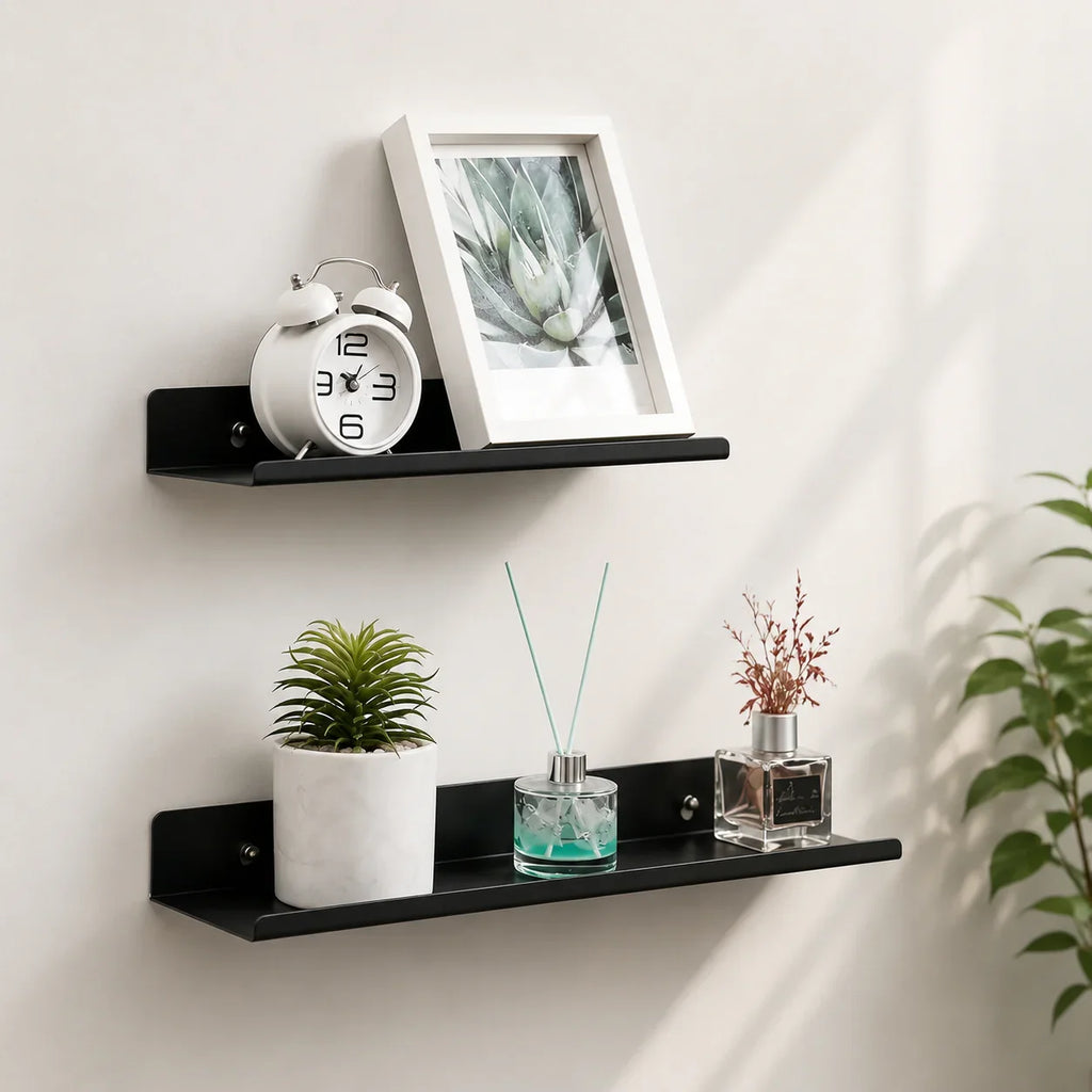 Black metal wall shelves with decor, plants, and clock for modern home organization