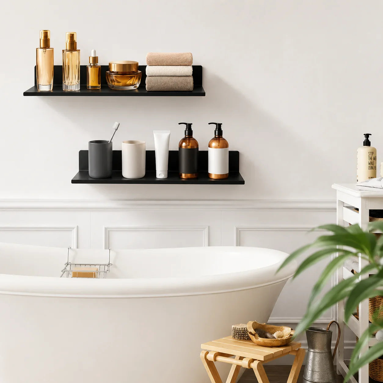 Black floating shelves holding bathroom essentials like towels, bottles, and toiletries above a bathtub