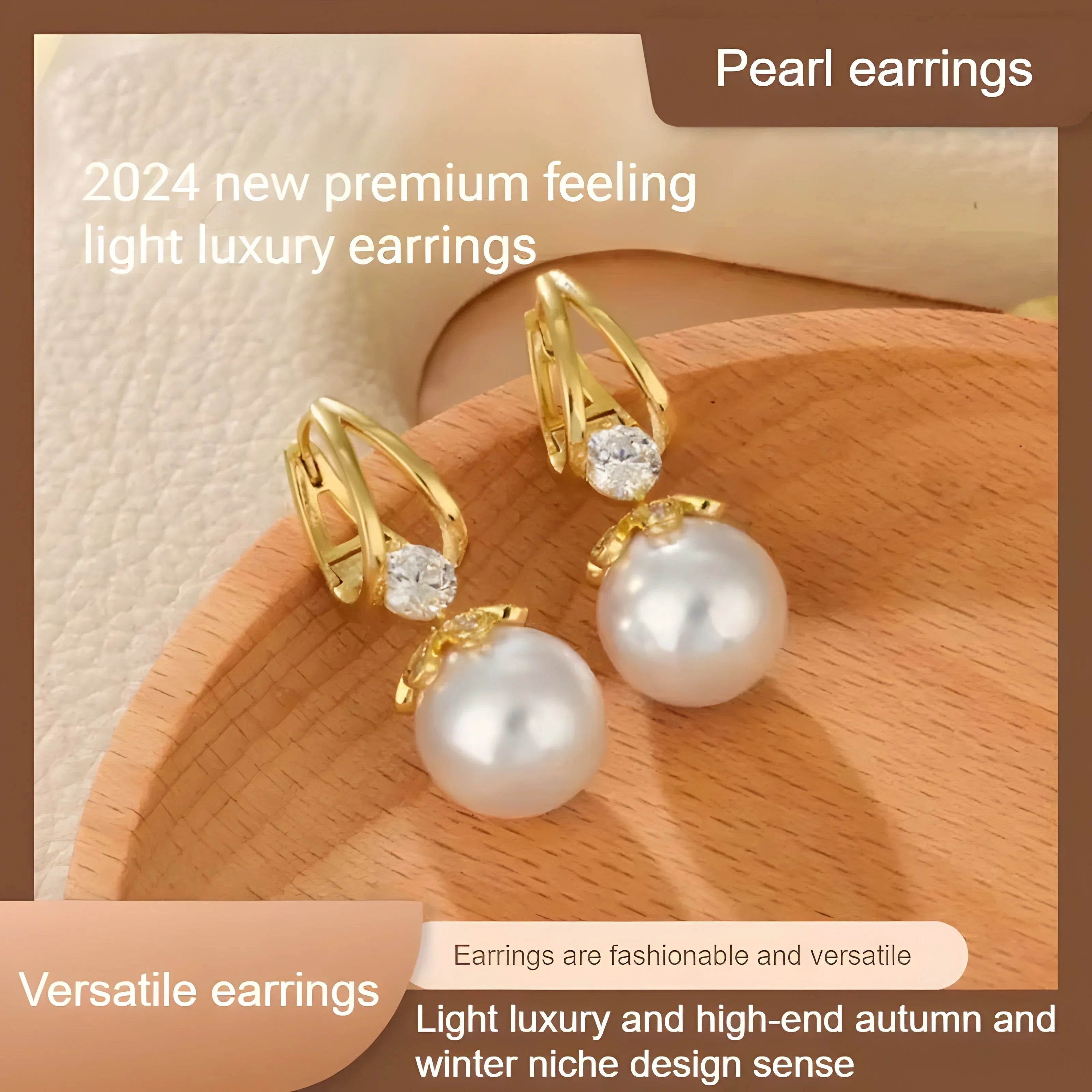 Gold pearl earrings with white pearls and crystals, minimalist luxury design
