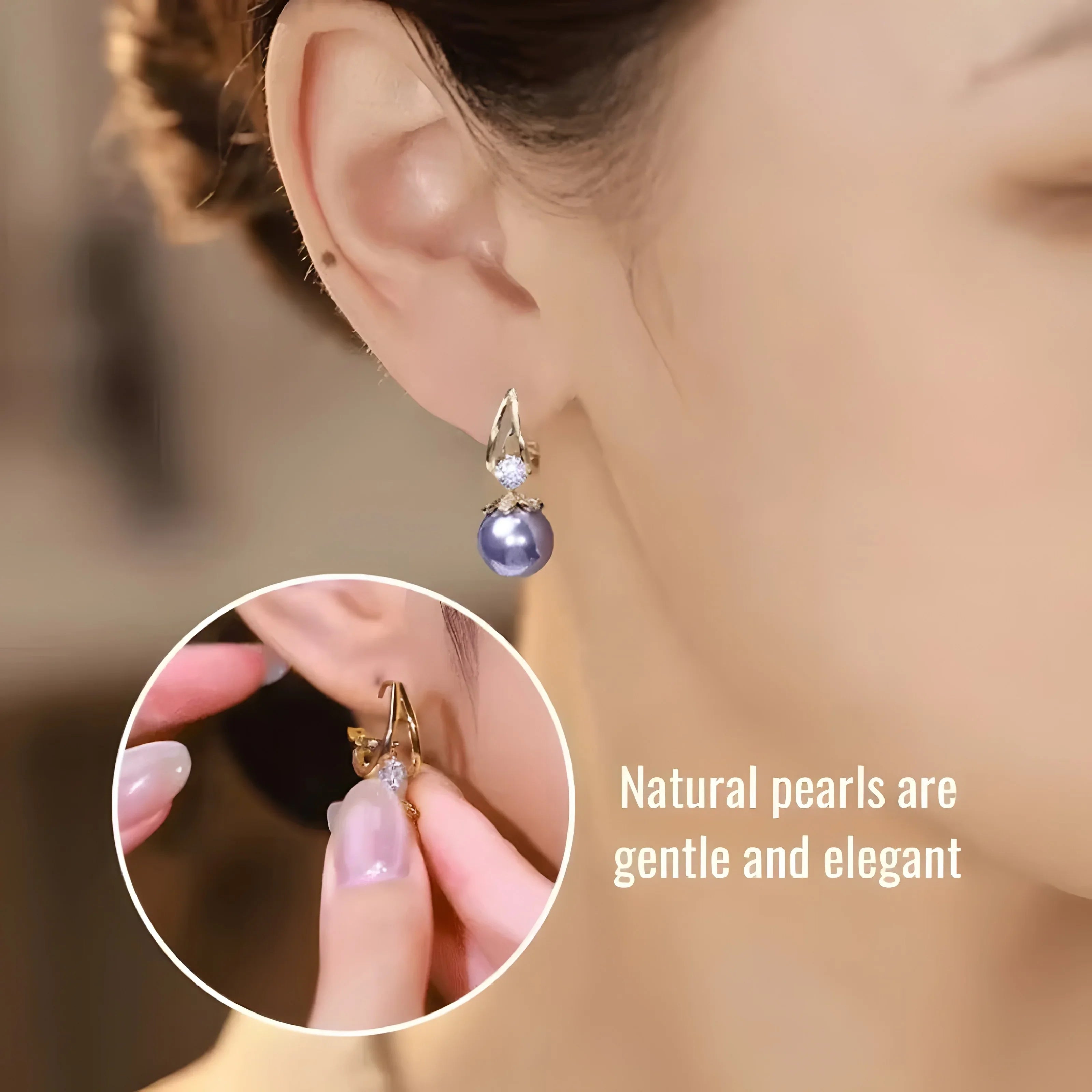 Lavender pearl drop earrings with gold setting and crystal accent, elegant minimalist style