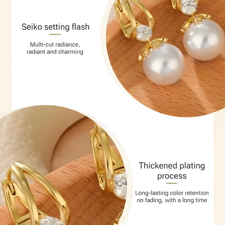 Gold hoop earrings with white pearls and clear crystals, minimalist luxury style