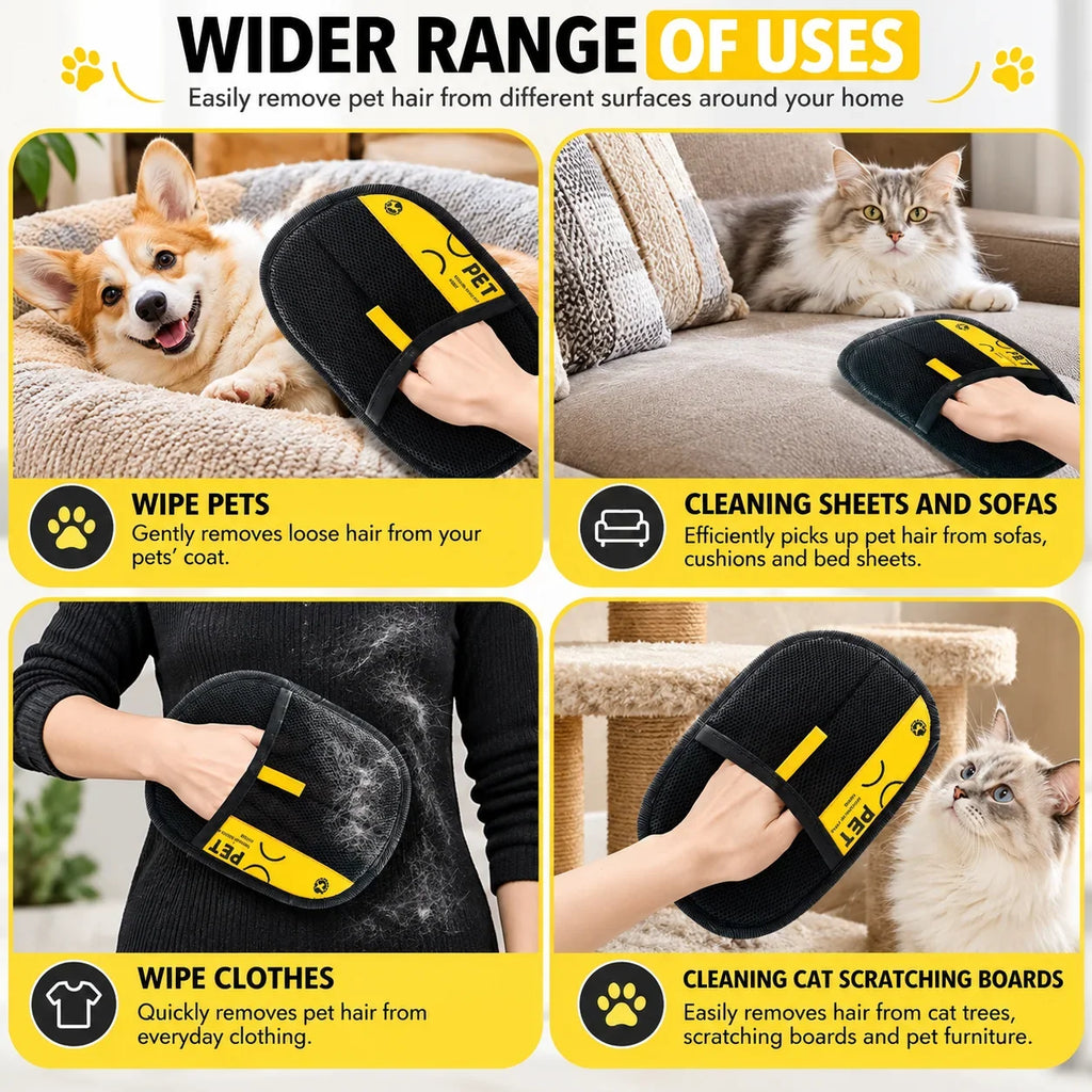 Four panels showing the GetVelqo pet hair remover glove cleaning a dog, sofa, clothing, and cat tree.