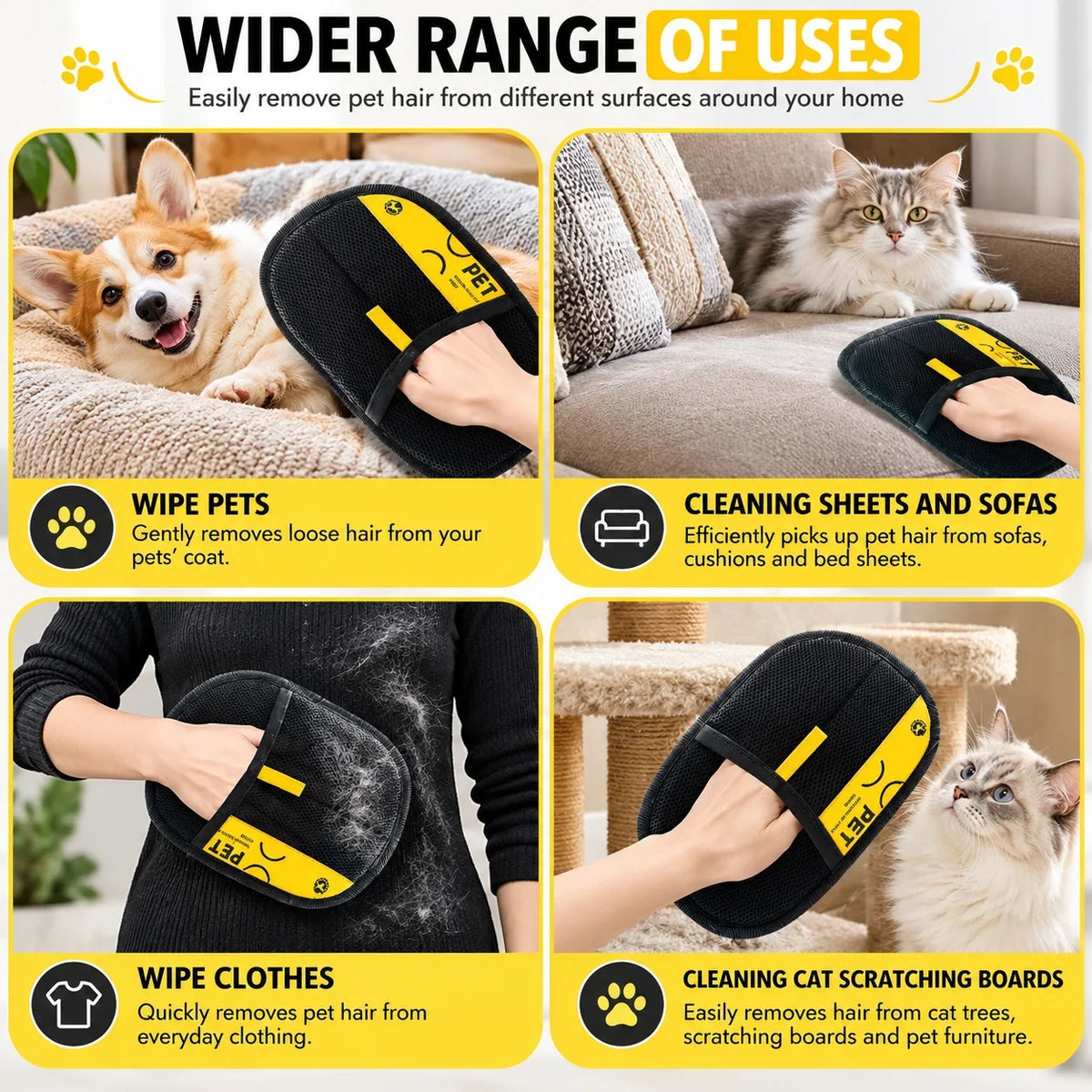 Four panels showing the GetVelqo pet hair remover glove cleaning a dog, sofa, clothing, and cat tree.