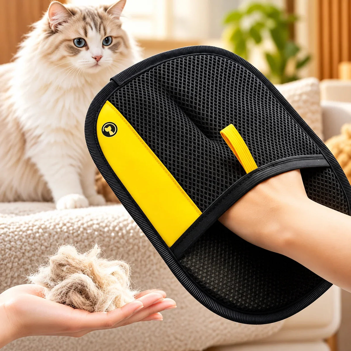 A hand wearing a black and yellow GetVelqo reusable pet hair remover glove holding collected cat fur.