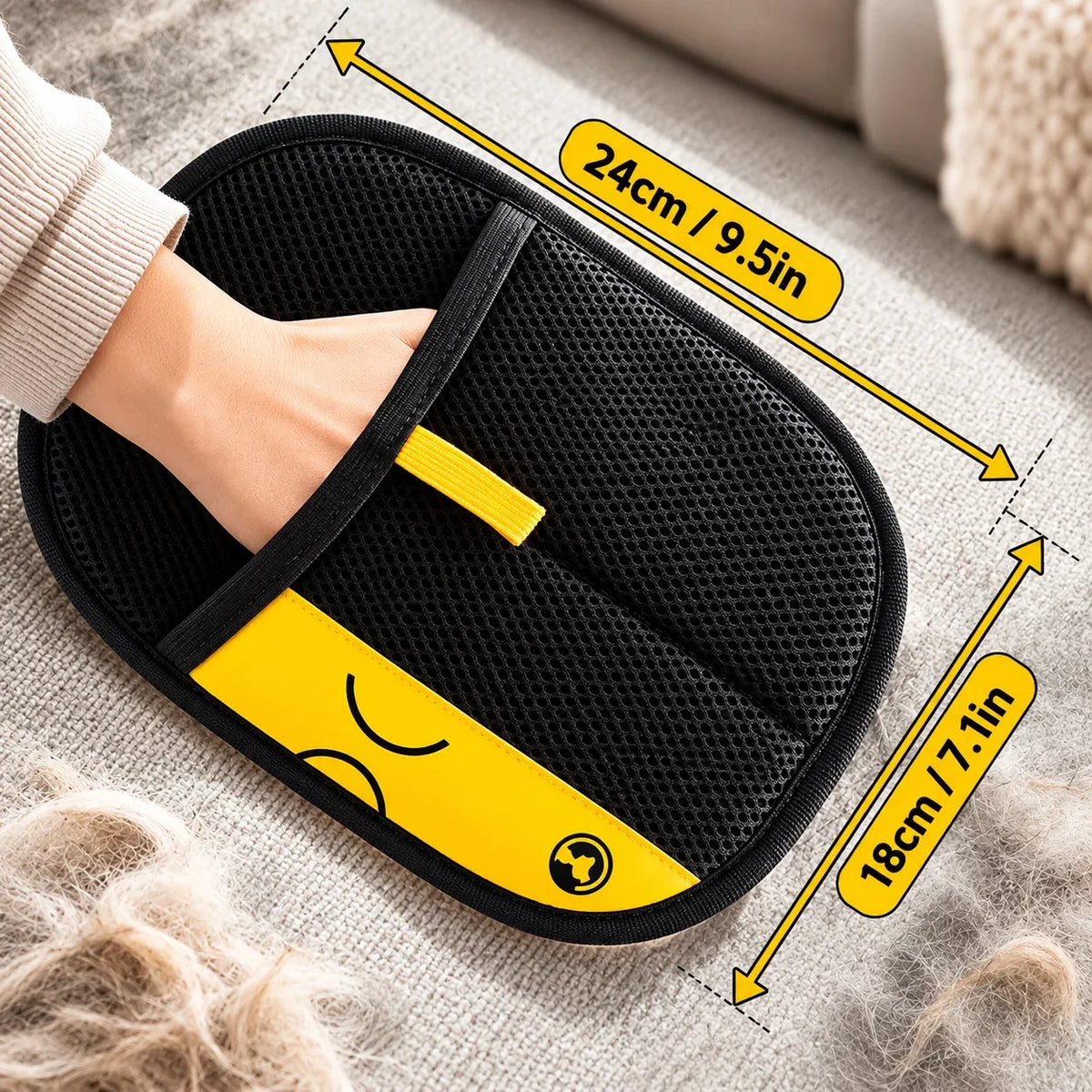 Black and yellow GetVelqo reusable pet hair remover glove with dimensions 24cm by 18cm.
