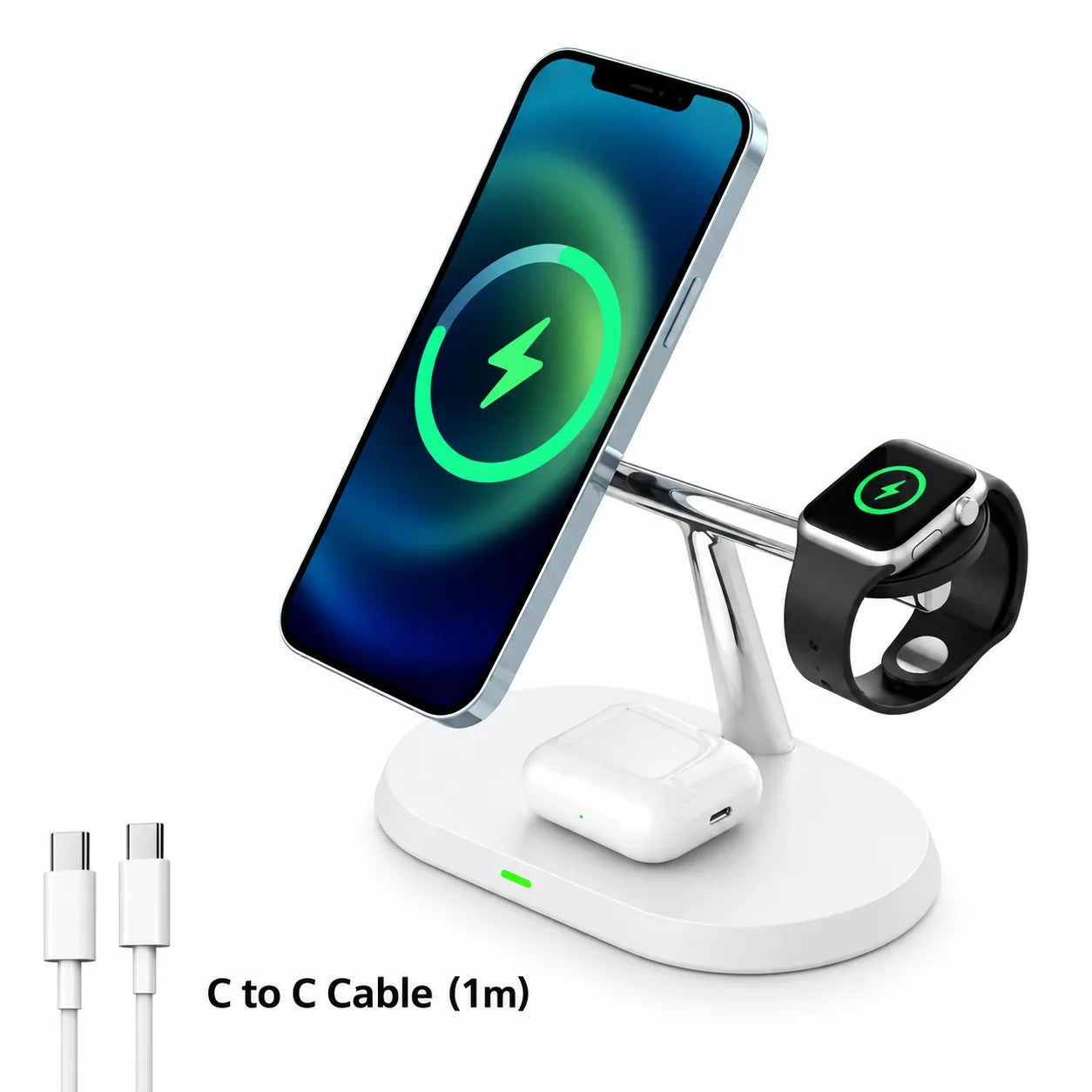 White 3-in-1 wireless charger for phone, watch, and earbuds with USB-C cable, sleek modern design for desk organization