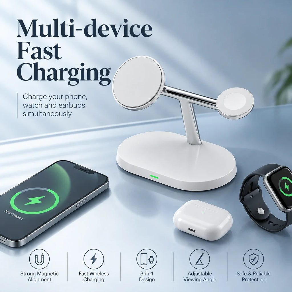 White 3-in-1 wireless charger for phone, watch, and earbuds with adjustable stand and magnetic alignment