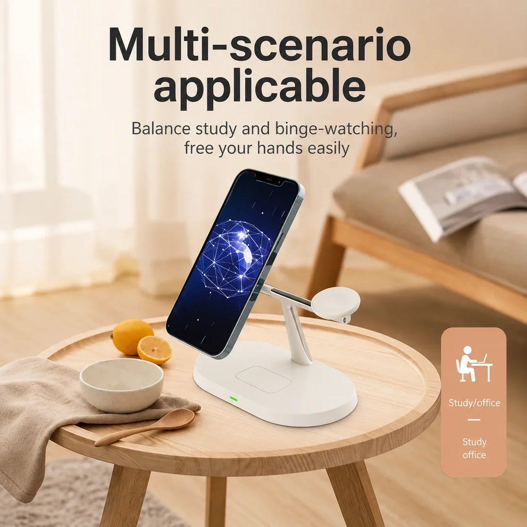 White adjustable phone stand with wireless charging, holding smartphone on wooden table for study or office use