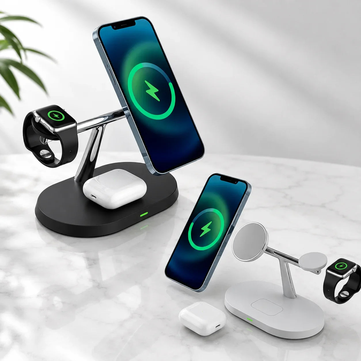 Black and white wireless charging station for phone, watch, and earbuds on marble surface