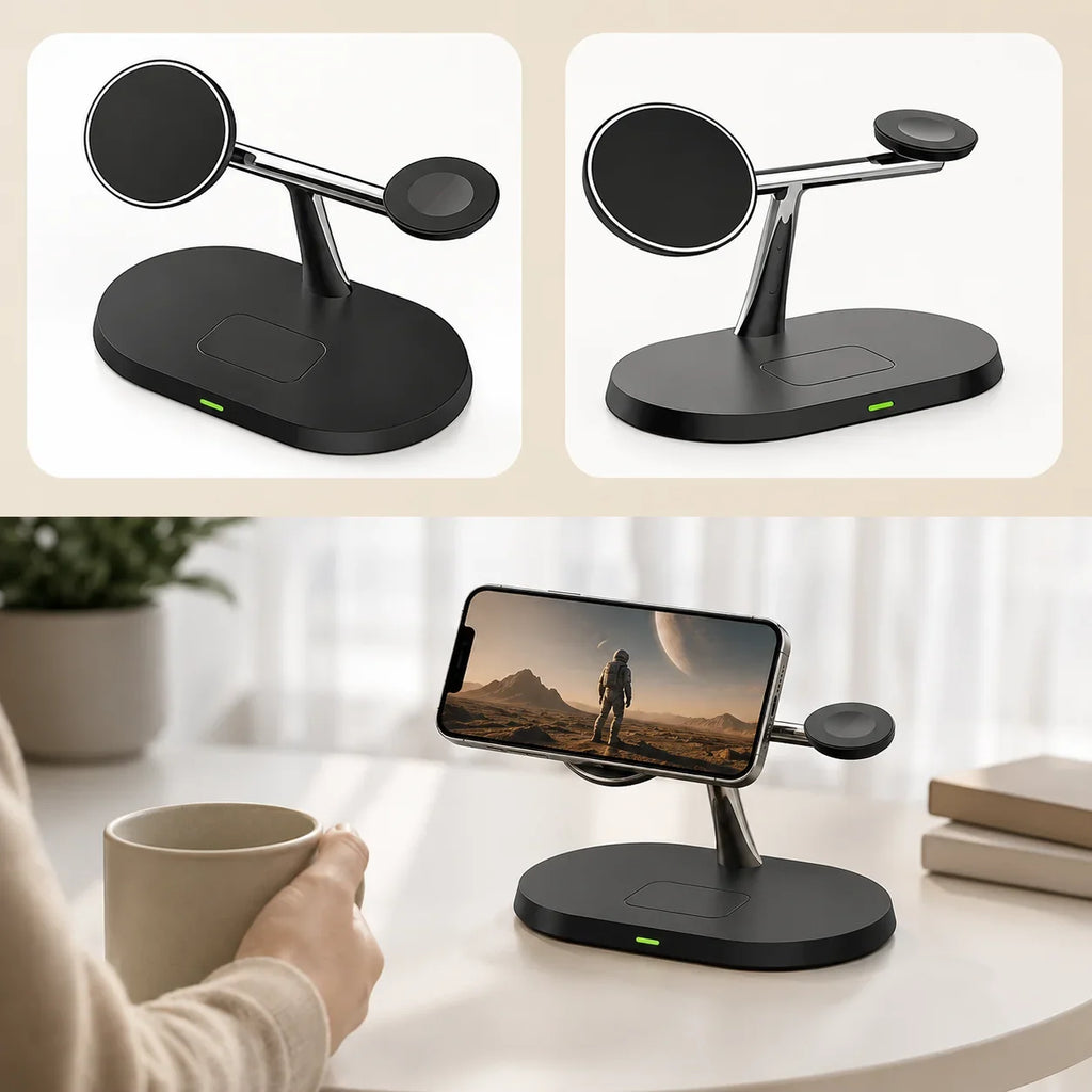 Black 3-in-1 wireless charging stand for phone, earbuds, and watch on desk with green indicator light