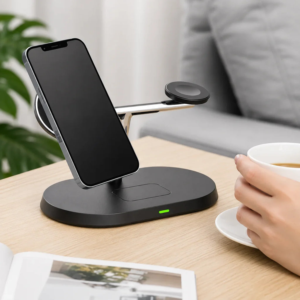 Black wireless charging stand with phone dock and watch charger for home or office use