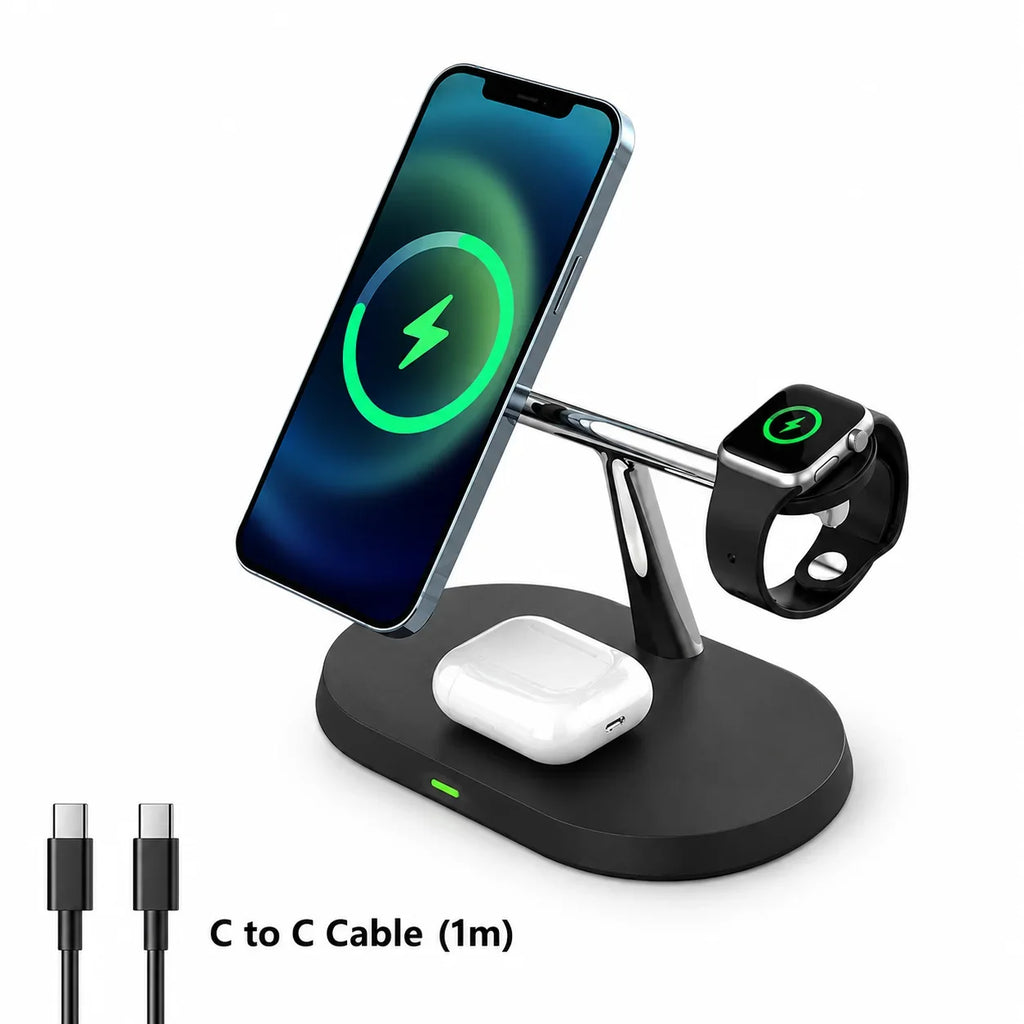 Black 3-in-1 wireless charger stand for phone, watch, and earbuds with USB-C cable