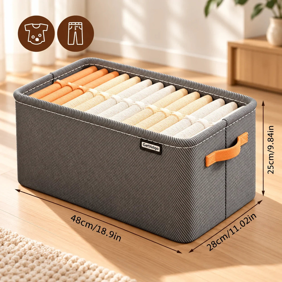 Grey GetVelqo fabric closet organizer bin with orange handles, filled with folded clothes and dimensions listed.